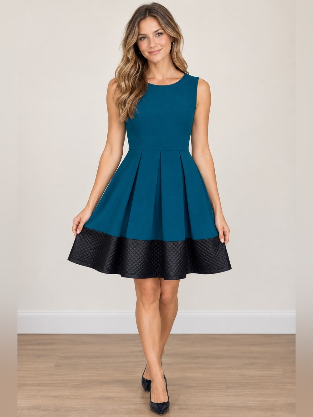Tiana B. Teal Sleeveless Fit-and-Flare Dress with Black Quilted Hem